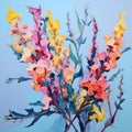 Colorful Flowers On Blue: A Vibrant Oil Painting In The Style Of Pink And Amber