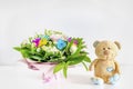 Colorful flowers bouquet composition.Beautiful tenderness flowers,teddy bear gift.Spring floral romantic mockup.Flower