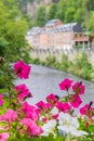 Colorful flowers on the bridge over the river Ourthe in La Roche-en-Ardenne