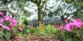 Colorful flowers with courtyard in background 