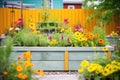 colorful flowers in elevated wooden garden bed