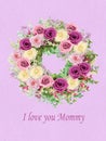 Colorful flowers and fresh herbs wreath. Feminine romantic style. Mother`s Day card.