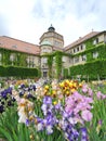 Colorful flowers in front of Botanic Institute of Munich Botanical Garden