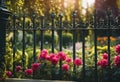 colorful flowers are in front of the fenced in area