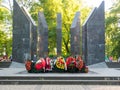 Colorful flowers at the front of WW2 monuments