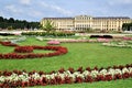 Colorful flowers in the garden of the Belvedere castle in Vienna, geometrically arranged in front of the facade of the historic bu