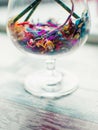 Colorful flowers in glass, Many flowers in many colors are in clear glass, Close-up view of multicolored flowers