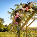 Colorful flowers and lace cloth on a wooden Huppah Royalty Free Stock Photo