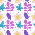 Colorful flowers and leaf seamless repeat pattern background.  Illustrators drawing. Royalty Free Stock Photo