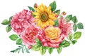 Colorful Flowers and leaves, floral illustration for invitation, birthday, card, design. Sunflower, hydrangea and rose