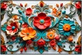 colorful flowers with leaves, relief design,