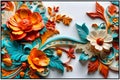 colorful flowers with leaves, relief design,