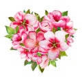 Colorful mother`s day heart with pink blossom and green leaves isolated on white