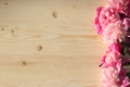 Colorful flowers of pink peony on a wooden table, top view with copy space, selective focus. Pink flowers on a wooden background, Royalty Free Stock Photo