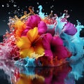 Colorful flowers splashing in water, creating vivid and surreal visual impact