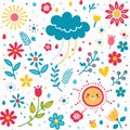 Colorful flowers, sun, and rain cloud pattern Royalty Free Stock Photo