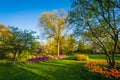 Colorful flowers and trees at Sherwood Gardens Park in Guilford, Baltimore, Maryland