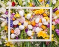 Colorful flowers and white eggs background. Royalty Free Stock Photo