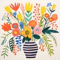 Colorful Flowers In Wooden Vase: Folk Art Inspired Canvas Illustration Royalty Free Stock Photo