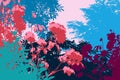 Colorful flowery and exotic scene - silhouettes of bushes, flowers and trees in pink and blue fresh colors