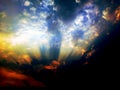 Colorful fluffy clouds in blue sky. blue sky with clouds and sun reflection.The sun shines bright in Royalty Free Stock Photo