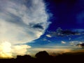 Colorful fluffy clouds in blue sky. blue sky with clouds and sun reflection.The sun shines bright in Royalty Free Stock Photo