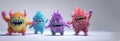 colorful fluffy and cute monsters that dance and wave. in the style of cartoon characters in 3D rendering. Each monster has bright Royalty Free Stock Photo