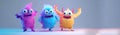 colorful fluffy and cute monsters that dance and wave. in the style of cartoon characters in 3D rendering. Each monster has bright Royalty Free Stock Photo