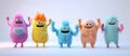 colorful fluffy and cute monsters that dance and wave. in the style of cartoon characters in 3D rendering. Each monster has bright Royalty Free Stock Photo