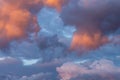 Colorful fluffy purple and pink cumulus clouds against a blue sky Royalty Free Stock Photo