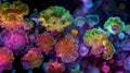 A colorful fluorescence microscopy image of multiple Euglenoids blooming in a water sample showcasing their vibrant hues