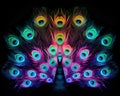 The colorful fluorescent peacock has a fully fanned tl.