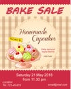 Red bake sale promotion flyer with cupcakes on the plate