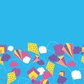 Colorful flying Kites with clouds seamless horizontal border pattern on blue background. Royalty Free Stock Photo