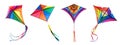 Colorful flying kites set isolated on transparent background, png. Photorealistic colorful kite cliparts collection