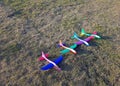 Colorful foam toy airplanes lie in a row on the grass.