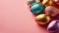 Colorful Foil-Wrapped Easter Eggs. Vibrant foil-wrapped Easter eggs arranged on a vivid pink backdrop Royalty Free Stock Photo