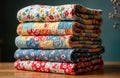 Colorful folded quilts stacked on wooden surface. Generative AI design creates patchwork patterns. Textiles colourful with Royalty Free Stock Photo