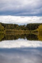 Colorful foliage tree reflections in calm pond water on autumn day. Royalty Free Stock Photo