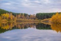 Colorful foliage tree reflections in calm pond water on autumn day. Royalty Free Stock Photo