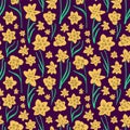 Colorful folk art yellow daffodils on dark purple background. Seamless vector pattern