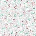 Colorful Folk Doodle Christmas Foliage, Red Holly Berries, White Background Vector Seamless Pattern. Winter Holiday