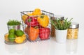 Colorful food ingredients on white background