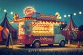A colorful food truck is parked in front of a bustling carnival, offering a variety of tasty meals and snacks to hungry visitors, Royalty Free Stock Photo