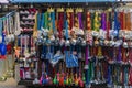 Colorful football and baseball chain necklaces on a street vendor cart at the Fremont Street Experience in Las Vegas Nevada