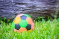 Colorful football on playground with green grass in the backyard for children. Multicolor soccer ball on green grass playground.