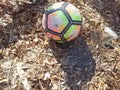 Colorful football or soccer ball on ground