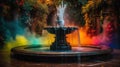 a colorful fountain with a man standing on it\'s head in the middle of a park with trees and flowers in the back ground