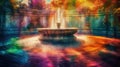 a colorful fountain with a rainbow light reflecting off of it\'s water and trees in the backgroup of