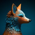 Colorful Fox Sculpture With Blue Feathers - Hyper-detailed Artwork